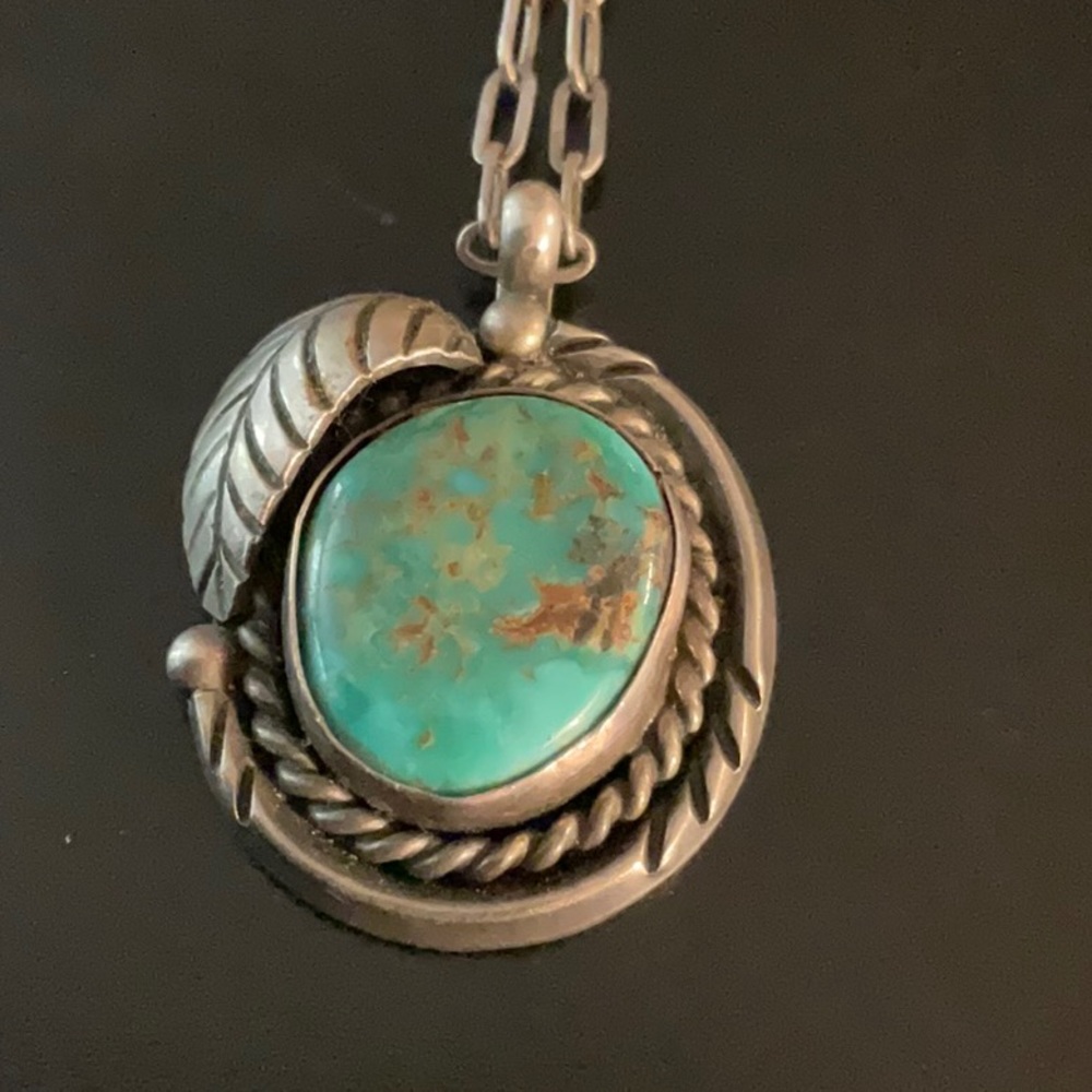 Native American Sterling Silver Elongated Turquoise Cabochon Necklace 12” chain